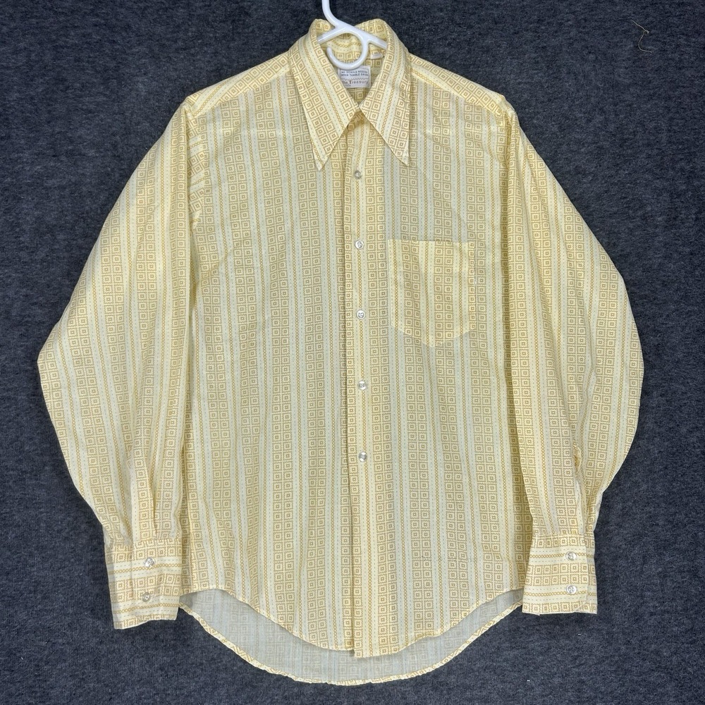 Vintage 70s Shirt Mens M 15.5-33 Yellow Geometric stripe Disco Dagger Collar